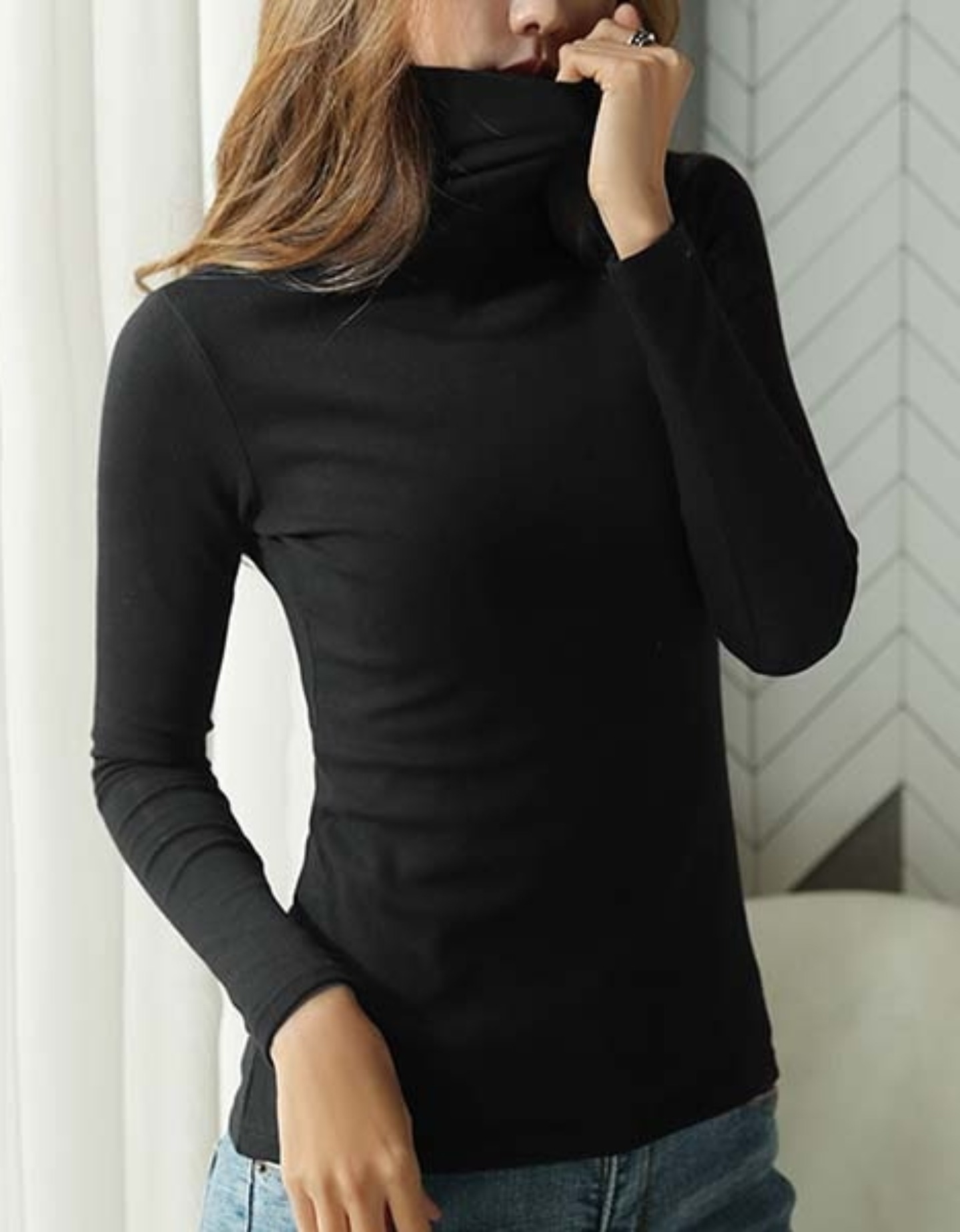 기본 기모 목폴라 터틀넥 티셔츠 얇은 이너 여자 목티 (블랙 화이트 브라운 핑크)