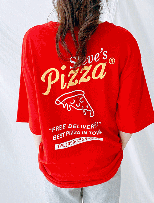 피자 반팔 티셔츠 오버핏 루즈핏 빅사이즈 반팔티 (레드 네이비 옐로우 화이트) 남녀공용 백프린팅 프린팅 티셔츠
